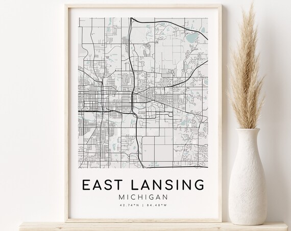 East Lansing Michigan City Street Map Coordinates College Town Poster