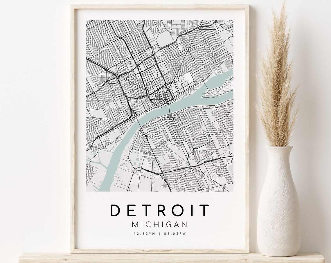 Detroit Michigan Downtown Street Map River Coordinates Hometown Poster