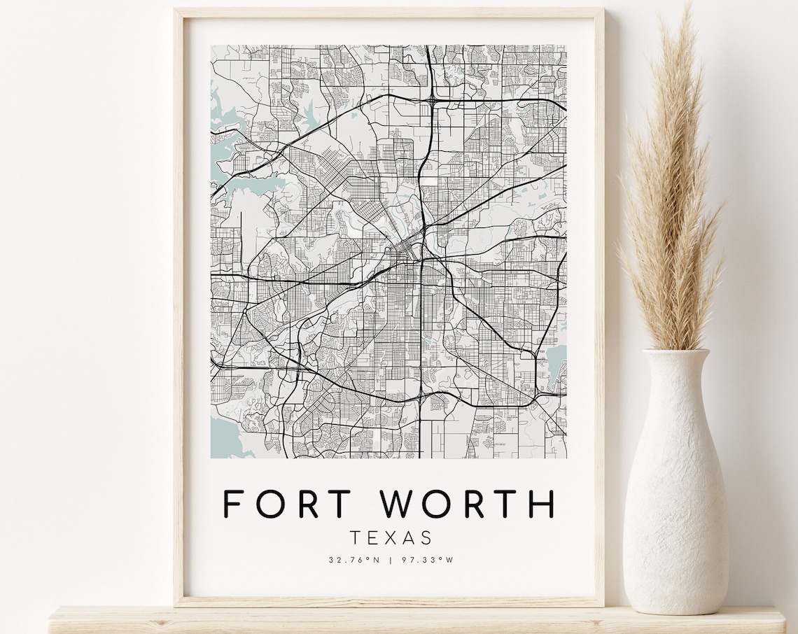 Fort Worth Texas Teal City Street Map Modern Minimalist Poster