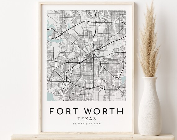 Fort Worth Texas Teal City Street Map Modern Minimalist Poster