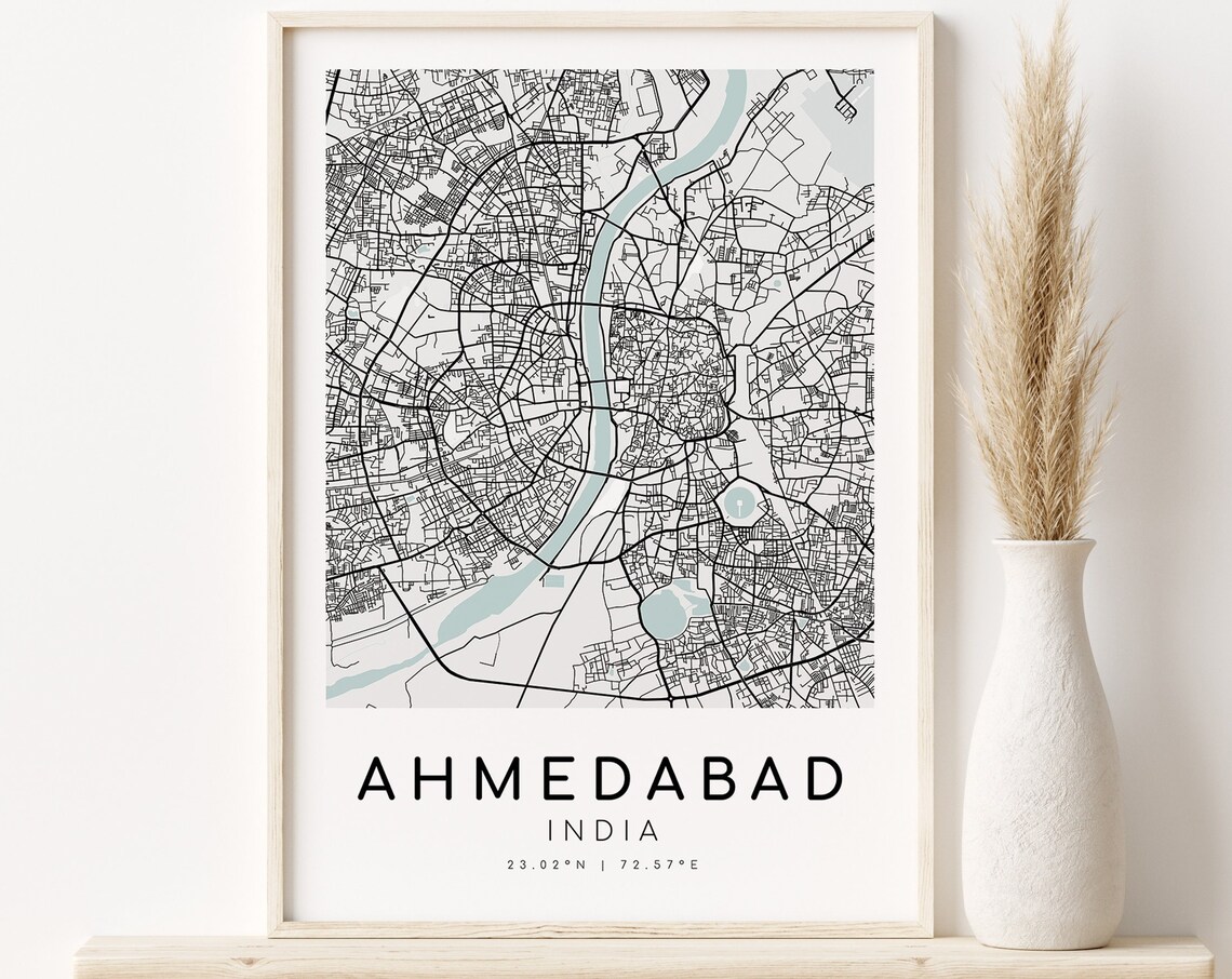 Ahmedabad India City Map Black and White Street Map Minimalist Poster