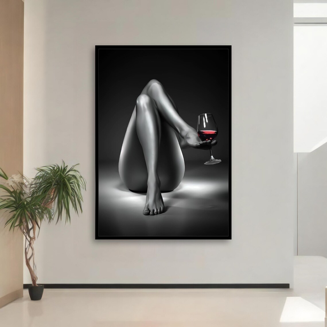 Nude Woman Legs Holding Red Wine Glass Black and White Photo Poster - Image 3