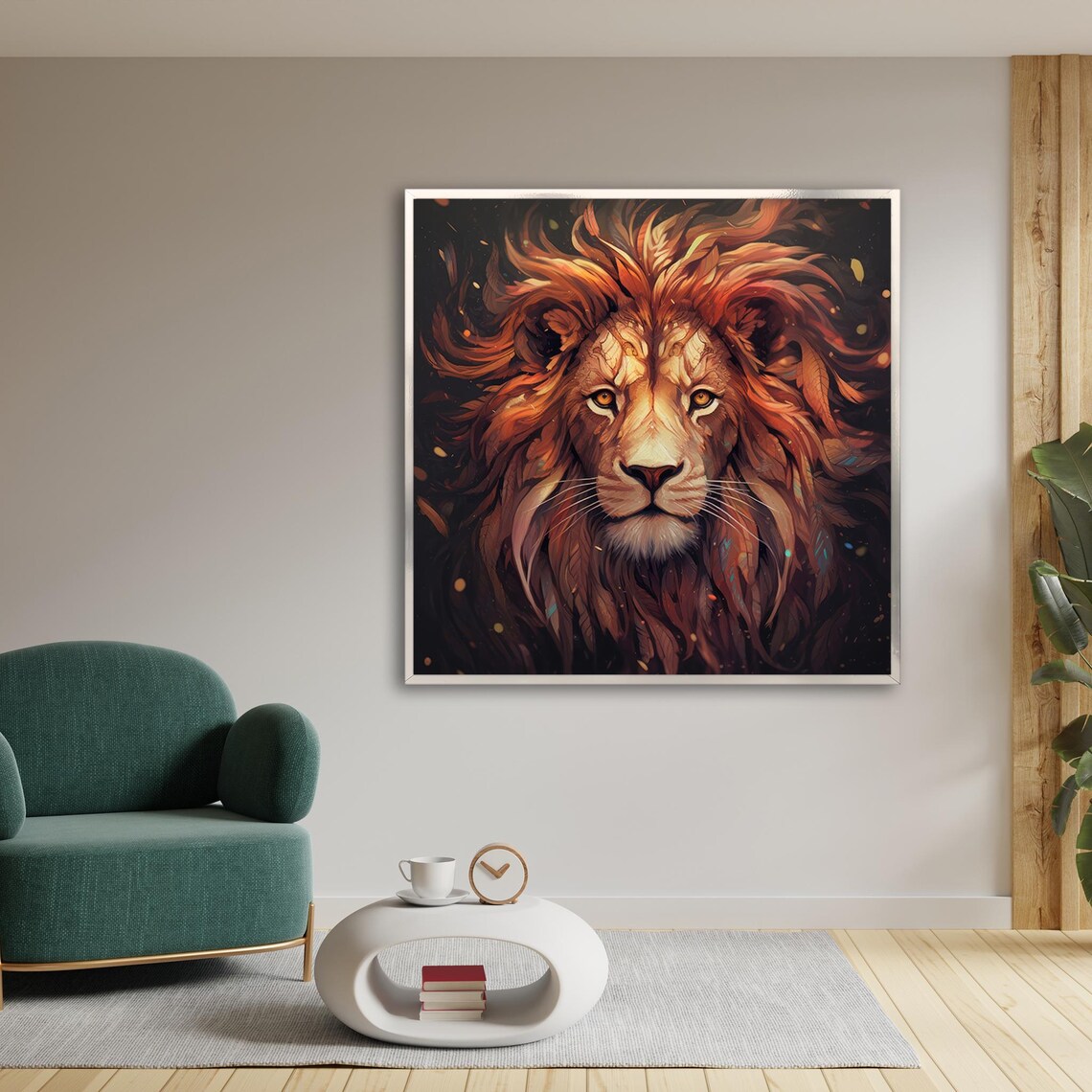 Bold Scarlet Lion Portrait Fiery Mane King of Jungle Art Poster - Image 2