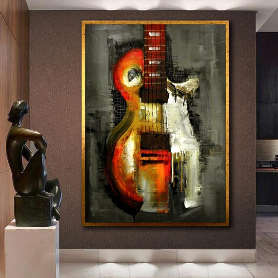 Abstract Red Electric Guitar on Dark Gray Modern Music Painting Art Poster