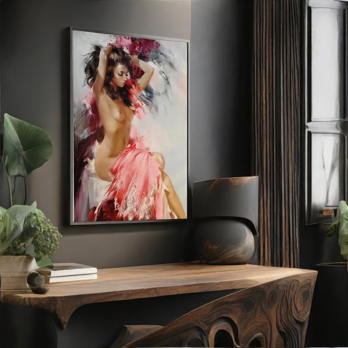 Elegant Abstract Nude Woman in Red Brushstrokes Modern Figurative Art Poster - Image 4