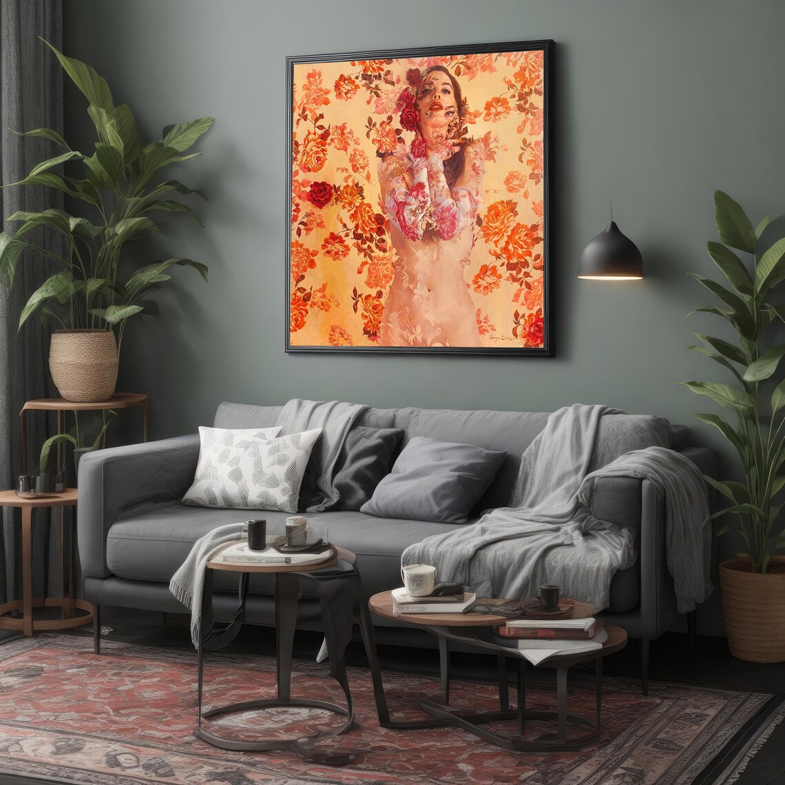 Floral Woman Orange Roses Double Exposure Botanical Art Poster - Image 4