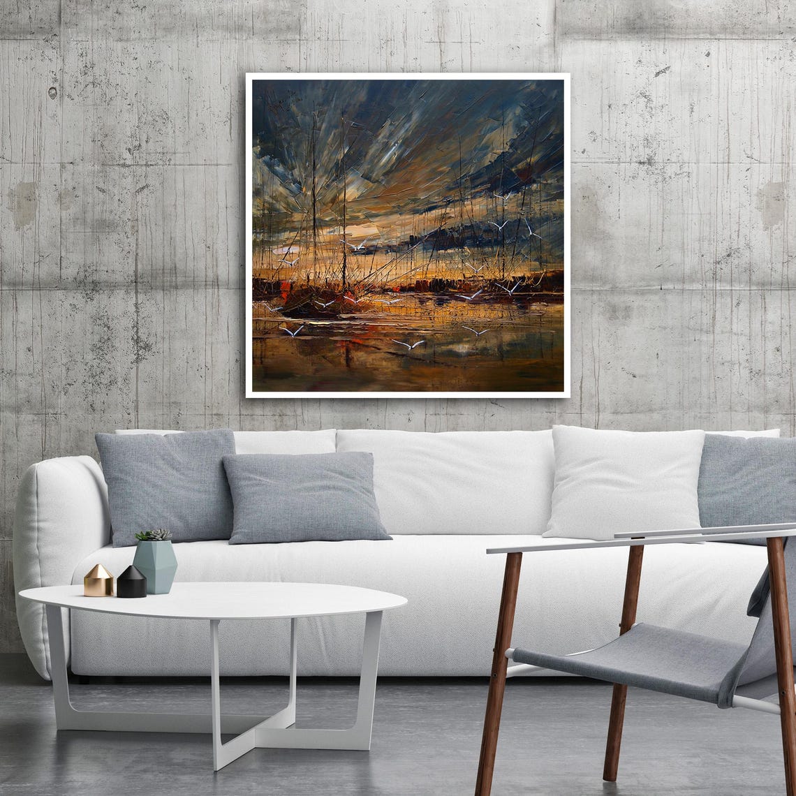 Sailboats Harbor Dusk Impressionist Blue Gold Seagulls Art Poster - Image 3