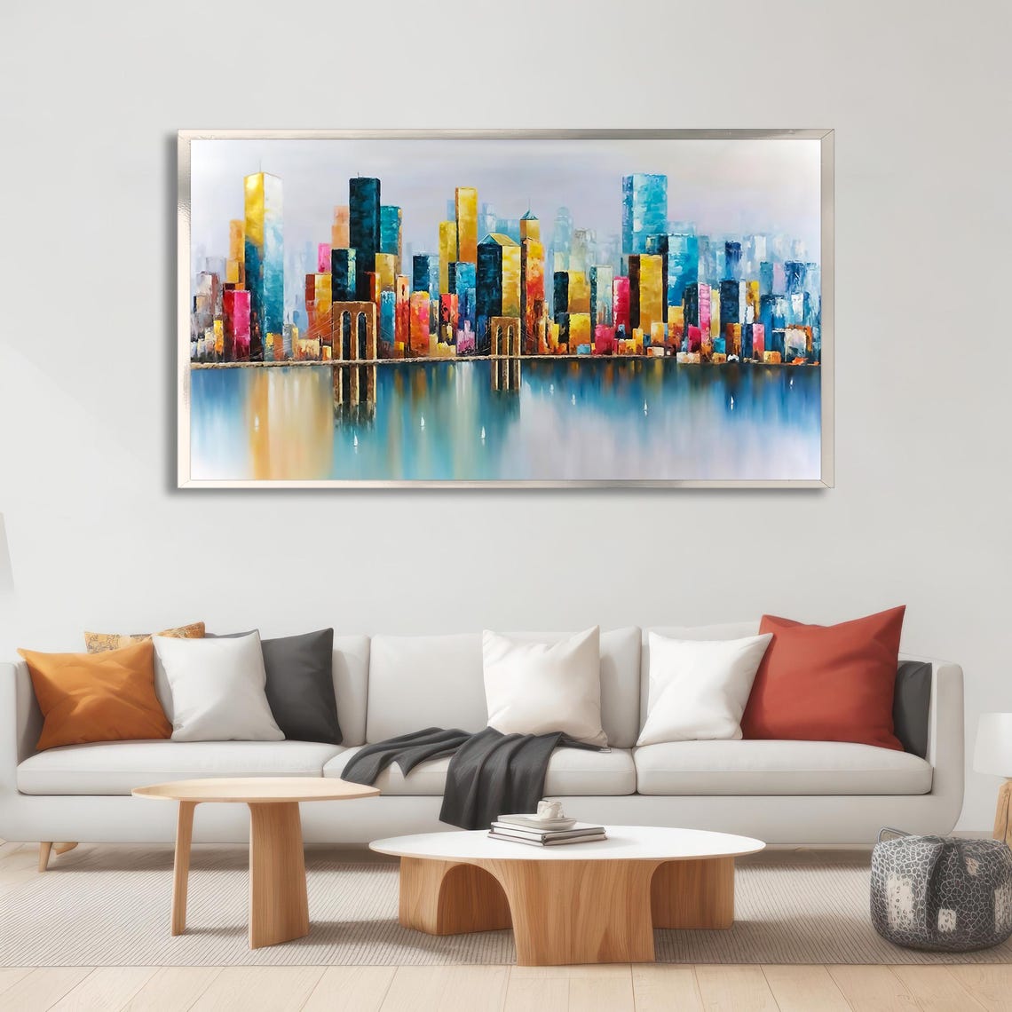 Colorful City Skyline Water Reflection Modern Abstract Art Poster - Image 2