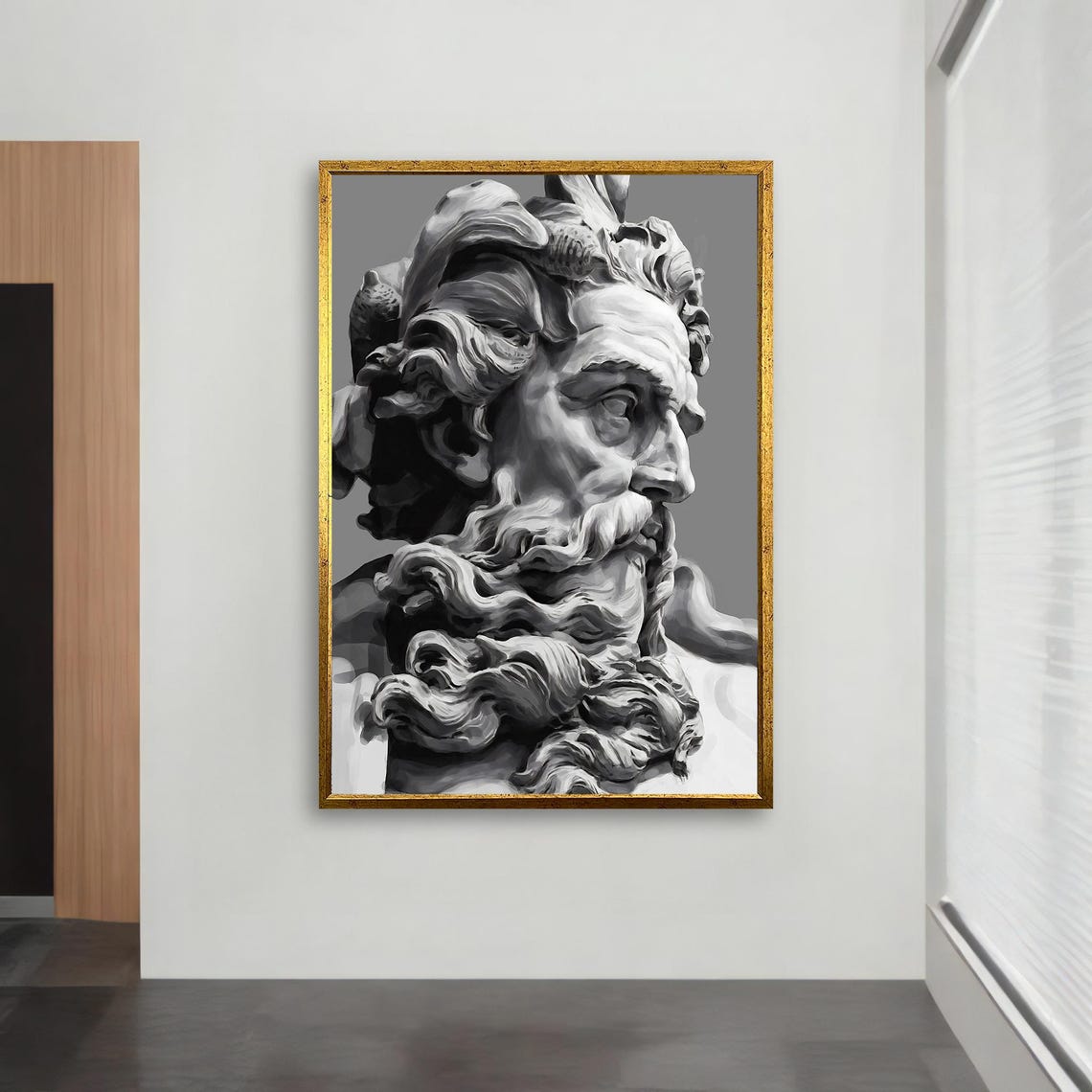 Ancient Greek God Marble Bust Black and White Statue Wall Art - Image 2