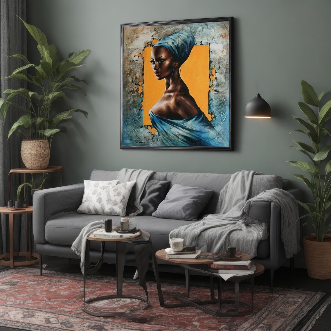 African Woman Blue Headwrap Portrait Warm Orange Elegant Poster - Image 4