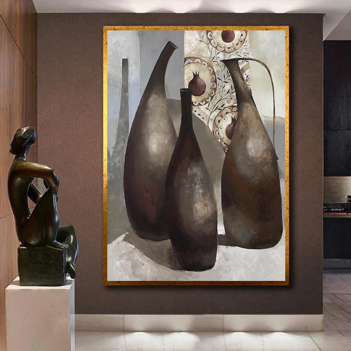 Modern Still Life of Dark Ceramic Vases Neutral Abstract Art Poster