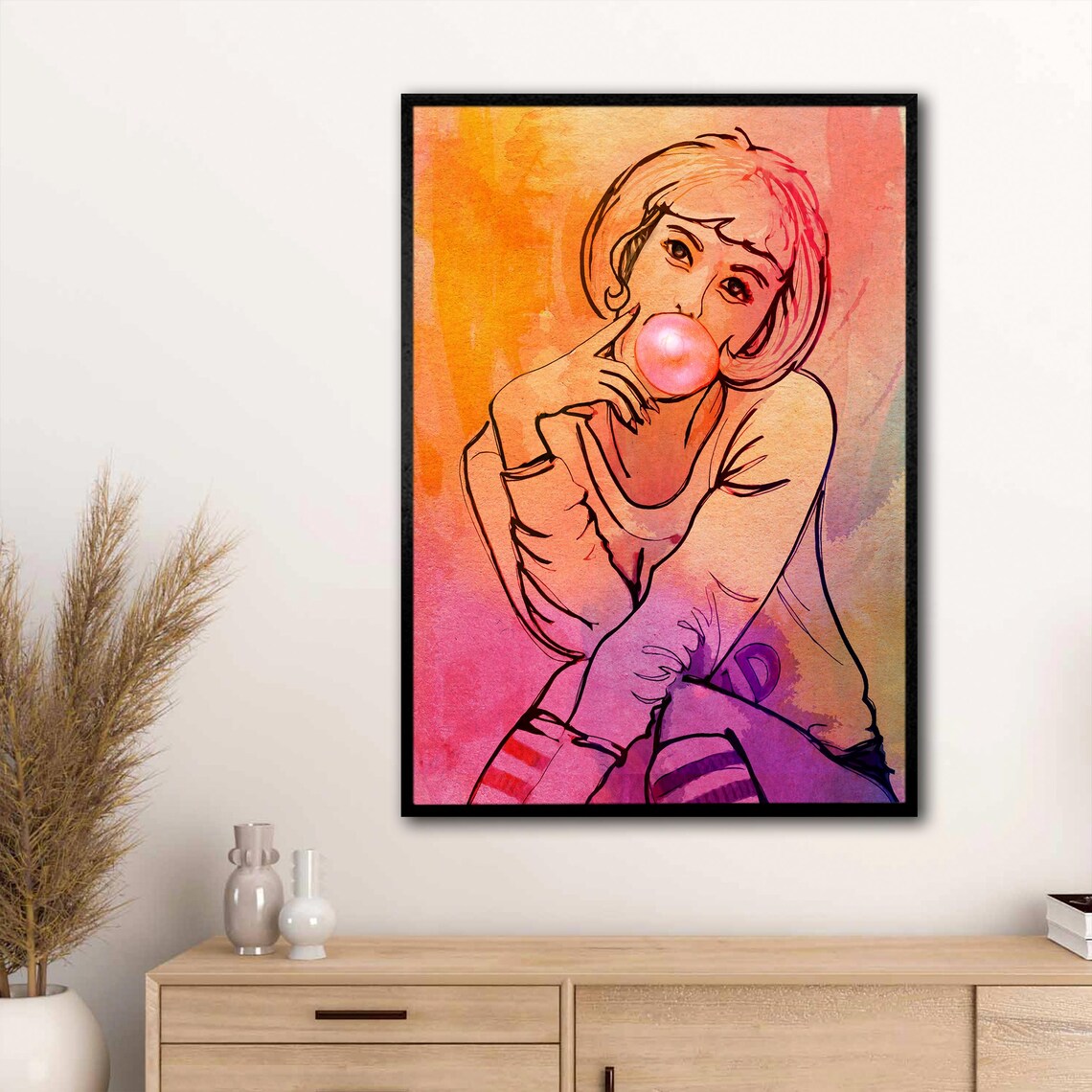 Girl Blowing Pink Bubblegum Pop Art Watercolor Painting Wall Art - Image 3