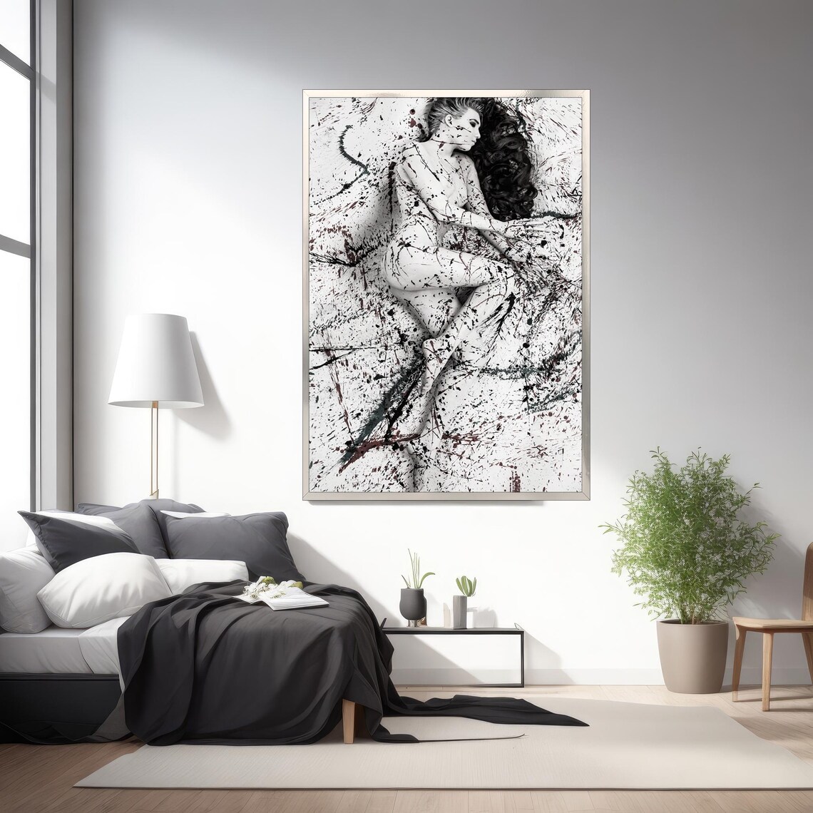 Black and White Nude Woman Paint Splatter Expressive Art Poster - Image 2