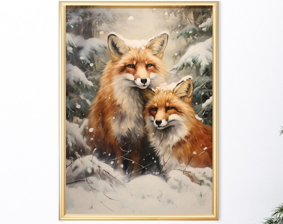 Two Foxes Cuddling in Falling Snow Winter Woodland Animal Poster