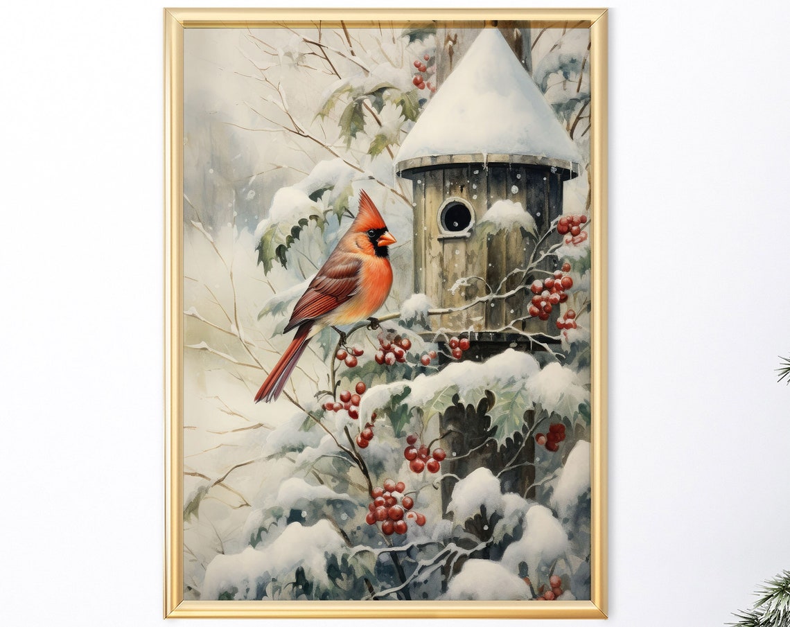 Red Cardinal Snowy Birdhouse Winter Wonderland Berries Art Print