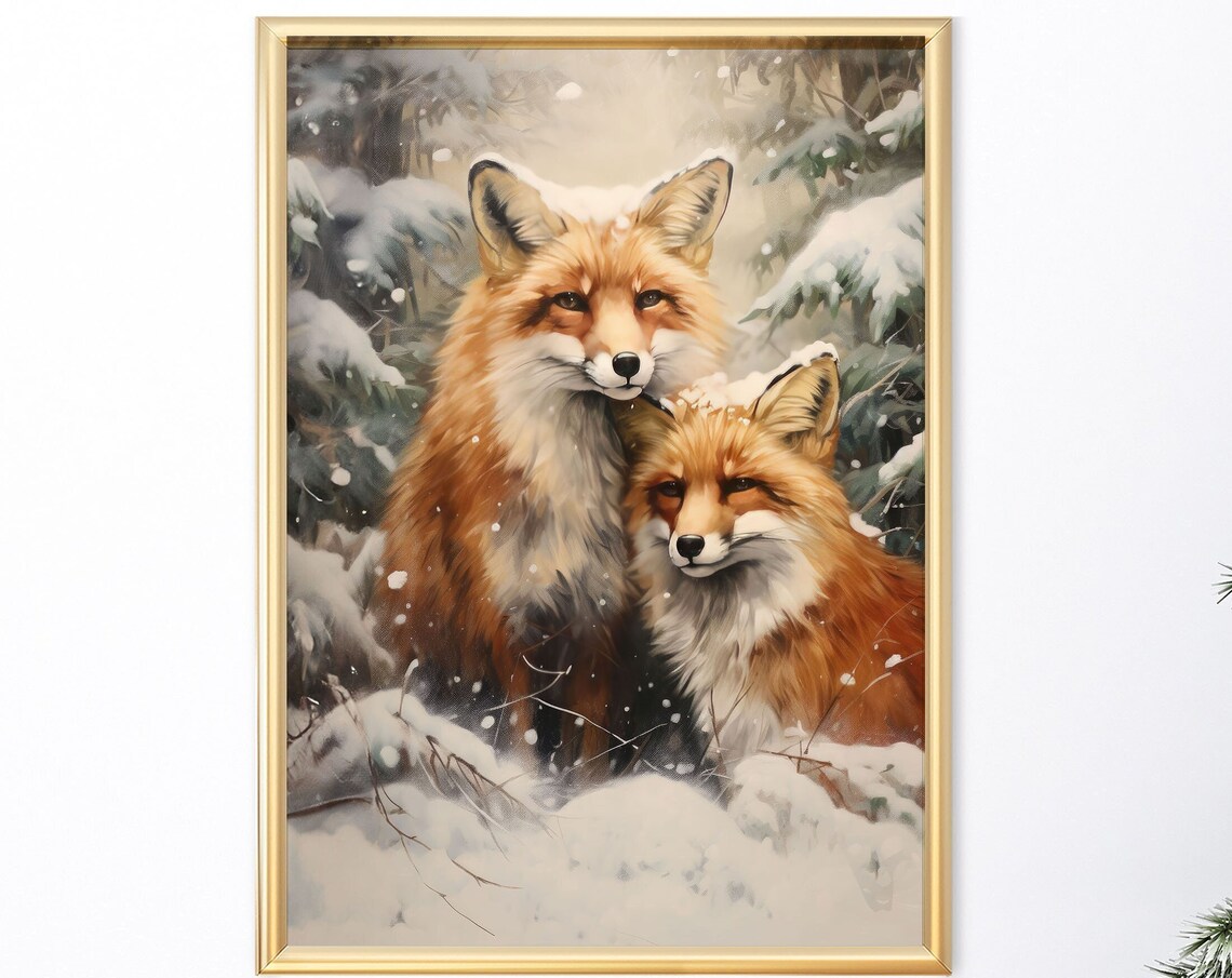 Red Fox Couple in a Snowy Forest Winter Wildlife Painting Poster