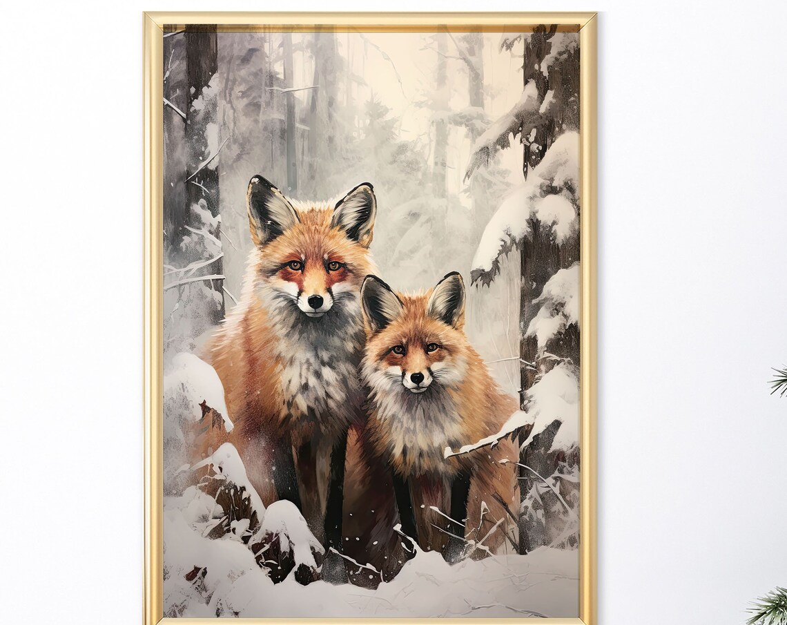 Red Fox Pair Standing in Snowy Winter Forest Wildlife Art Print - Image 4