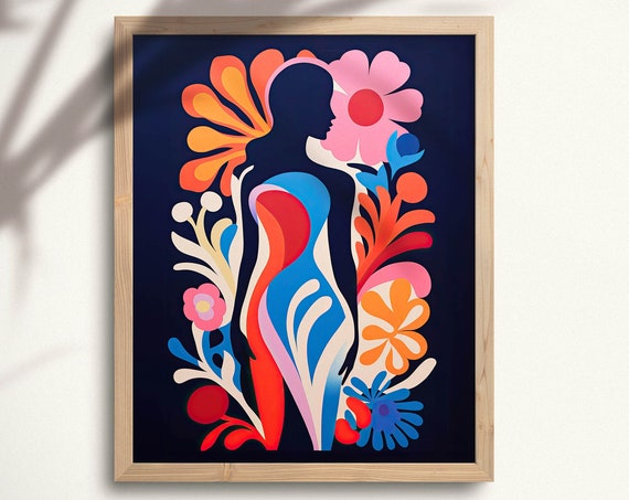 Blue Abstract Female Body Wall Art Abstract Women Silhouette Matisse Print Female Body Art Instant Flower Art Print Afm01
