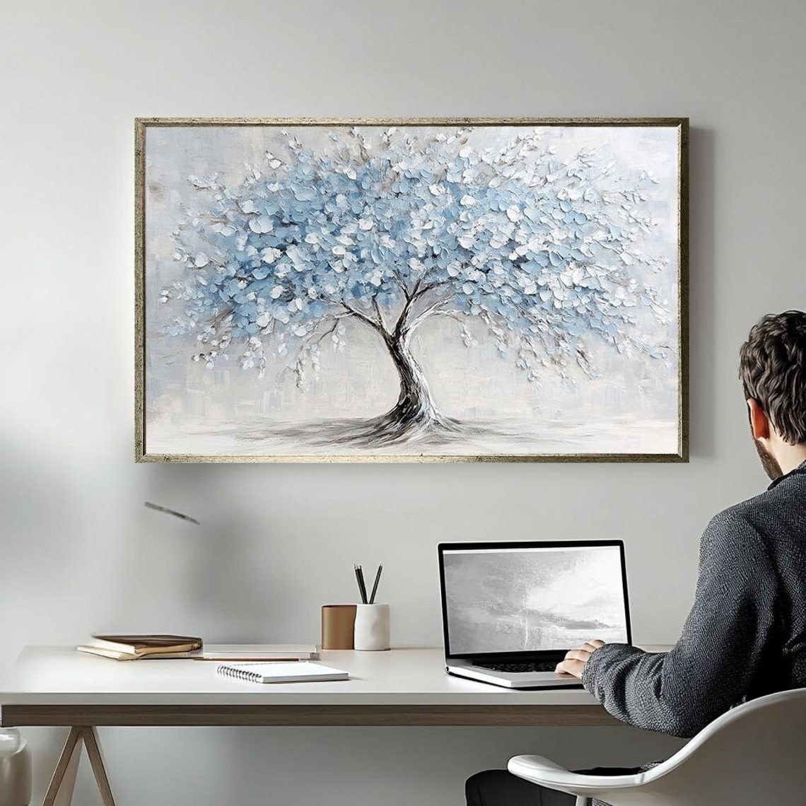 Blue Tree Textured Palette Knife Painting White Light Background Print