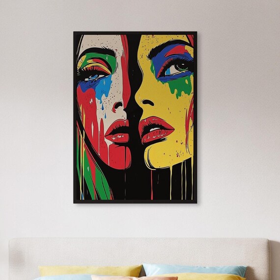 Framed Dual Face Pop Art Wall Print Bold Color Drip Portrait Poster Modern Street Style Painting Gift For Lover Or Edgy Decor