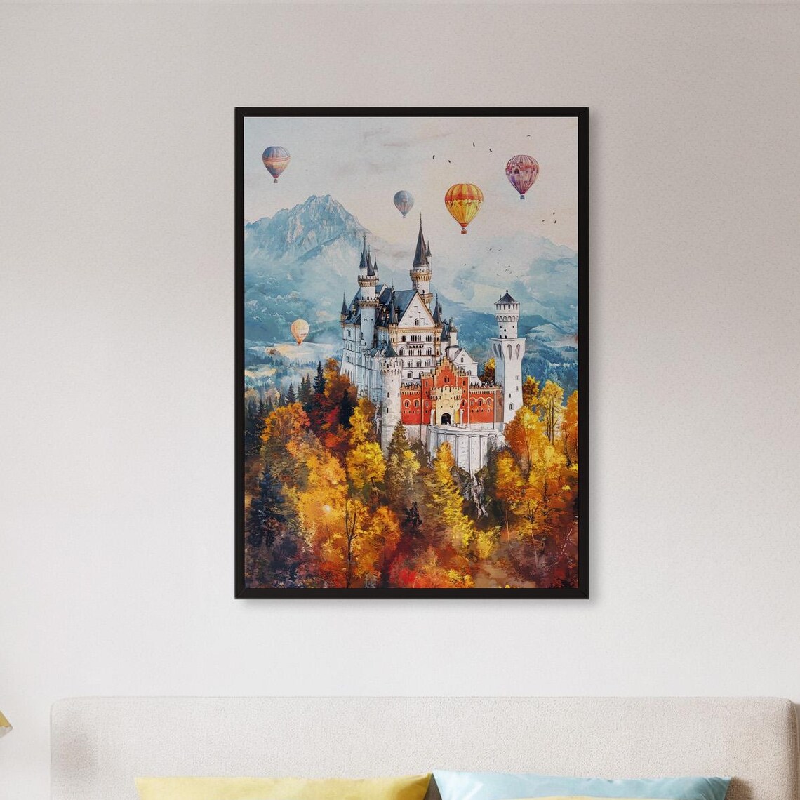 Watercolor Fairytale Castle in Autumn Forest with Hot Air Balloons Poster