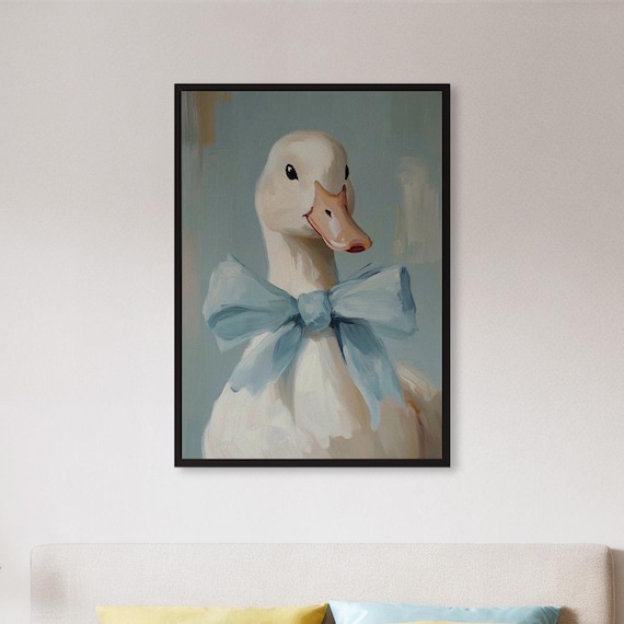 White Duck Wearing Blue Bow Pastel Farmhouse Nursery Animal Wall Print