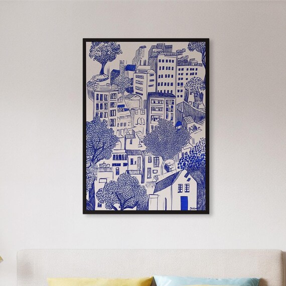 Blue City Sketch Art Print, Minimal Urban Line Drawing