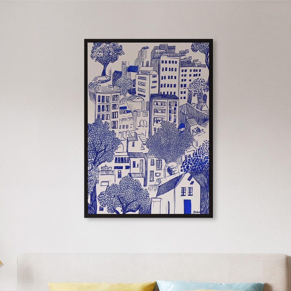 Blue City Sketch Art Print, Minimal Urban Line Drawing