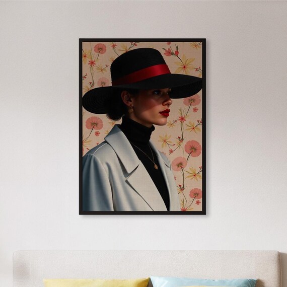 Elegant Woman In Black Hat Floral Portrait Fashion Art Poster
