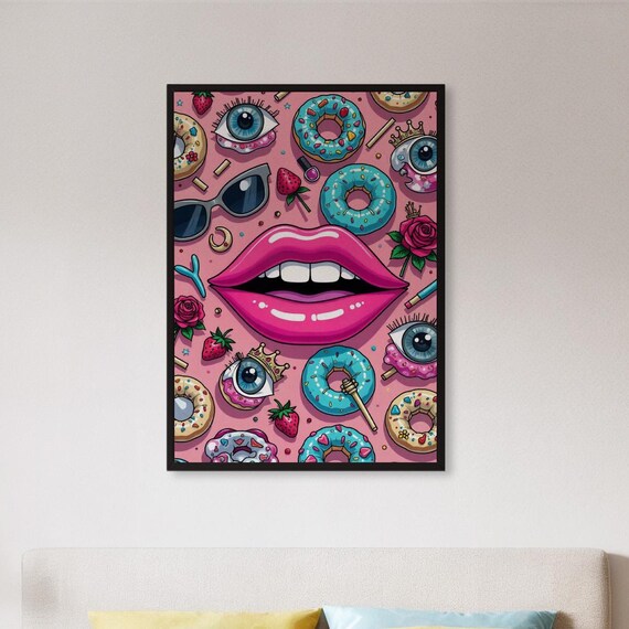 Framed Pop Art Lips Eyes Donut Print Colorful Surreal Collage Poster Whimsical Modern Wall Decor Gift For Teen Room Or Bold Interiors