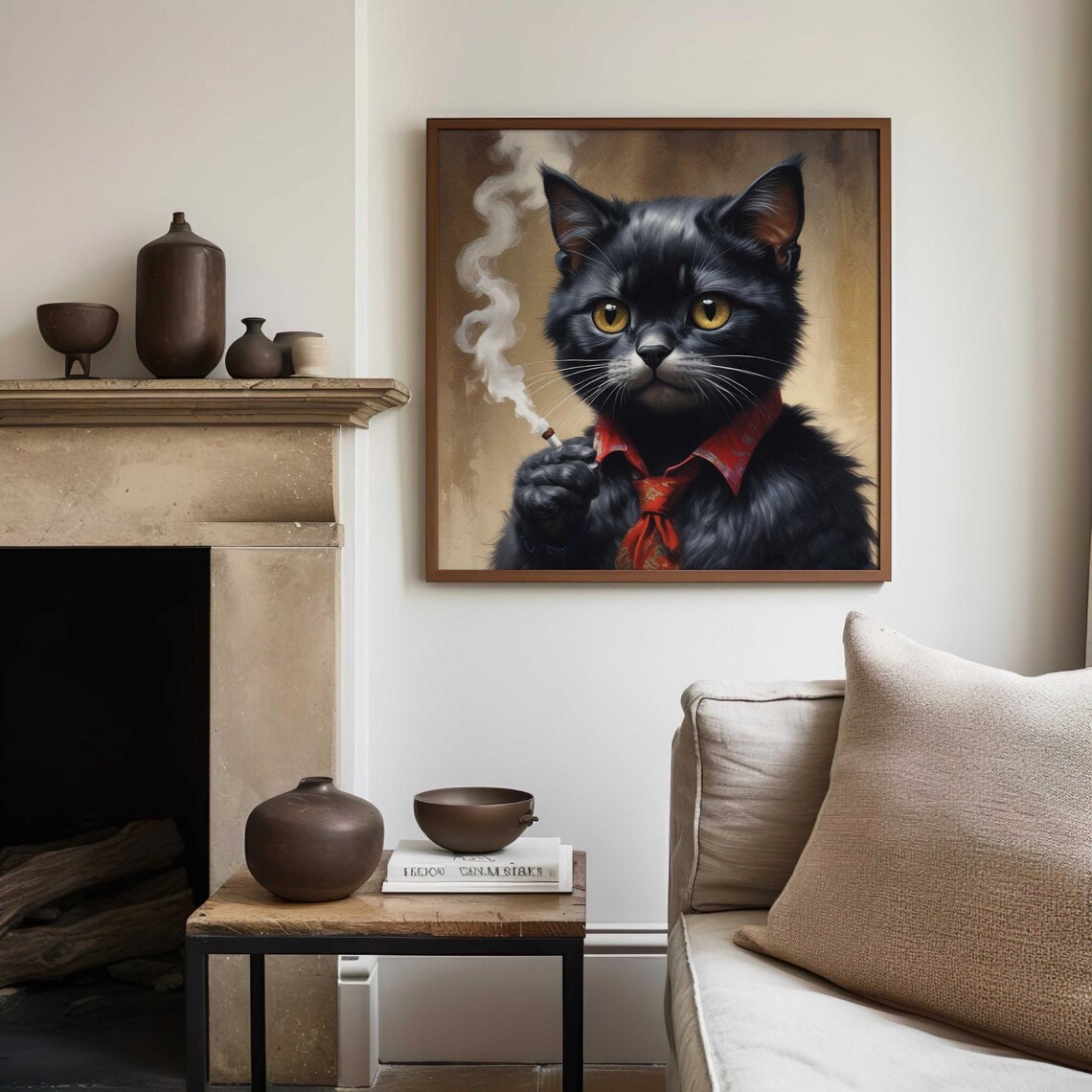 Retro Smoking Black Cat Vintage Whimsical Art Print - Image 3