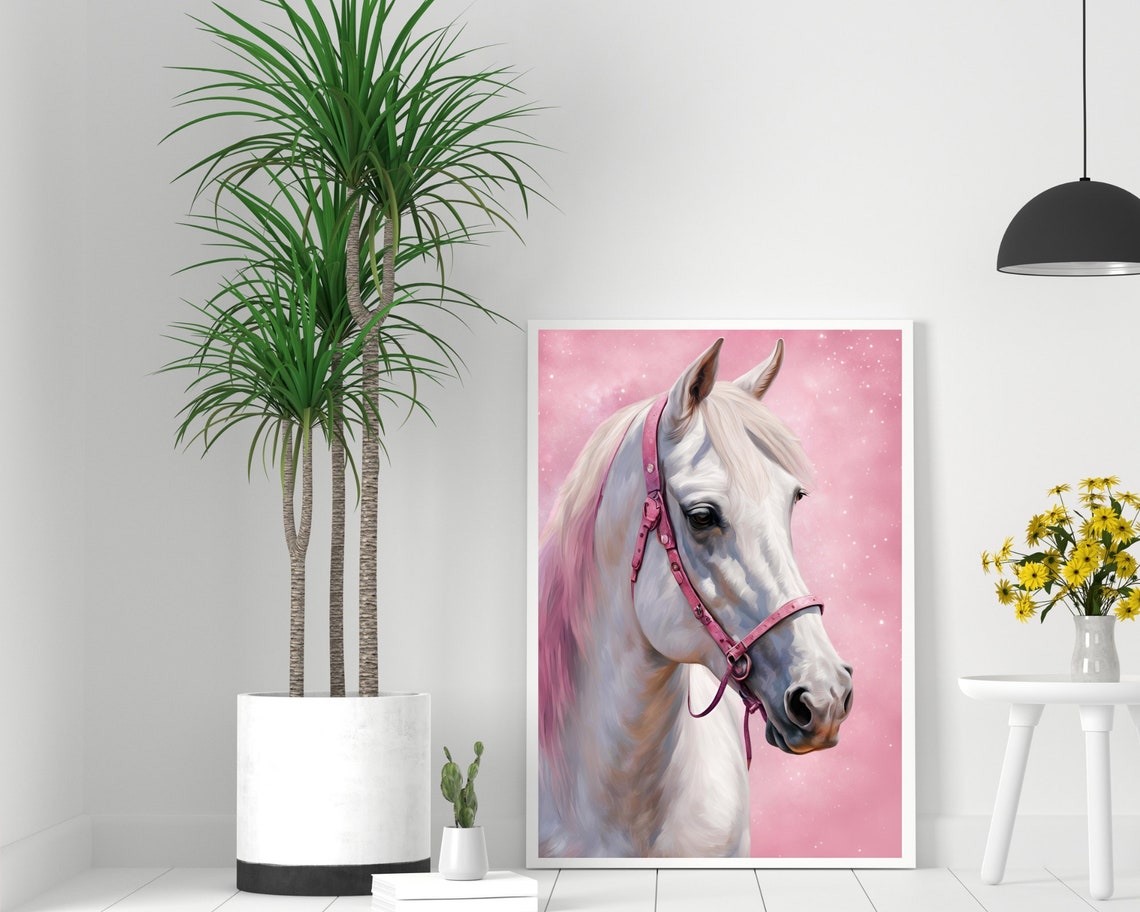 White Horse With Pink Bridle On Sparkling Pink Background Poster - Image 2