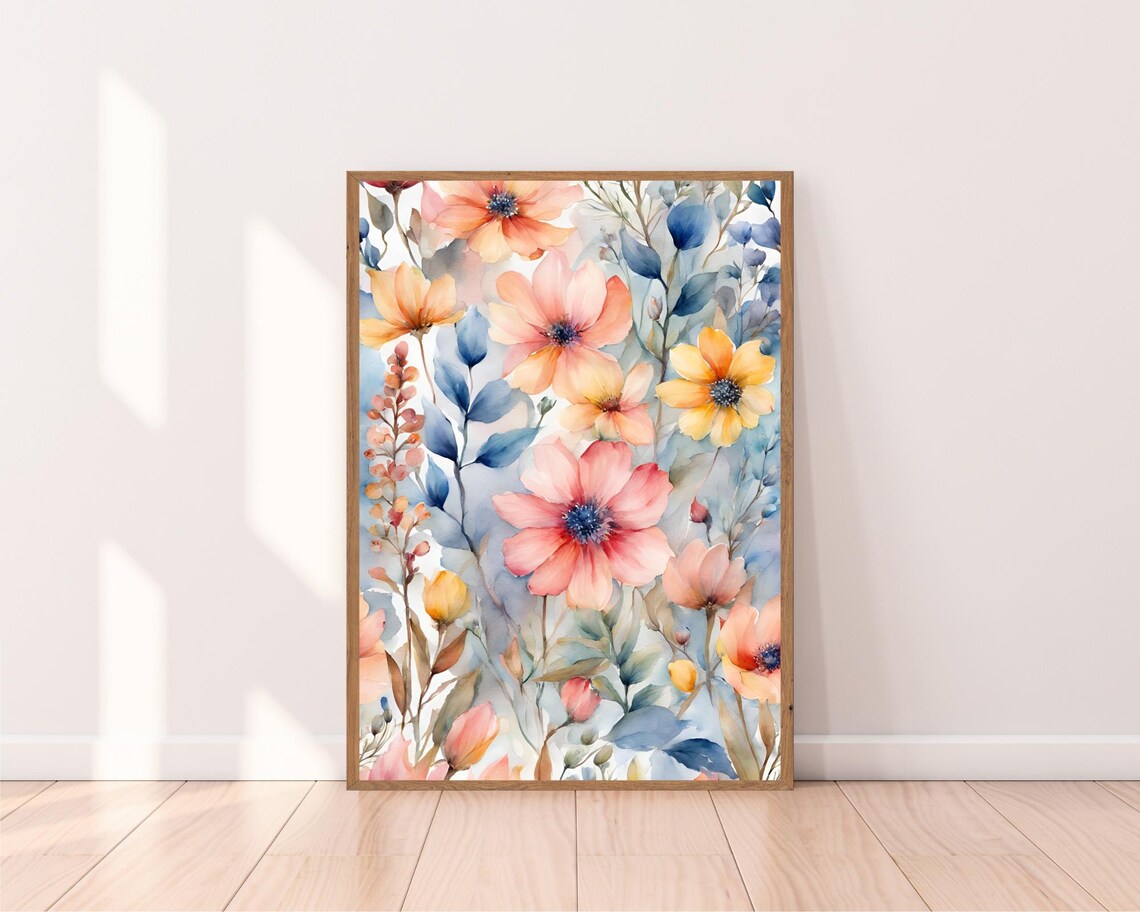 Peach Pink Floral Watercolor Blooming Wildflowers Garden Poster - Image 2