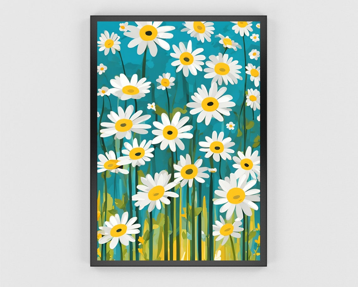 White Daisy Meadow Teal Background Cheerful Floral Pattern Poster - Image 3