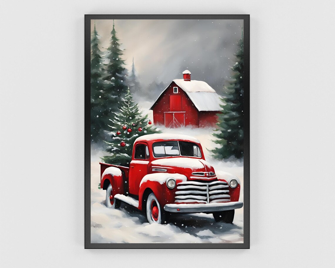 Vintage Red Truck Christmas Tree Snowy Red Barn Holiday Poster - Image 3