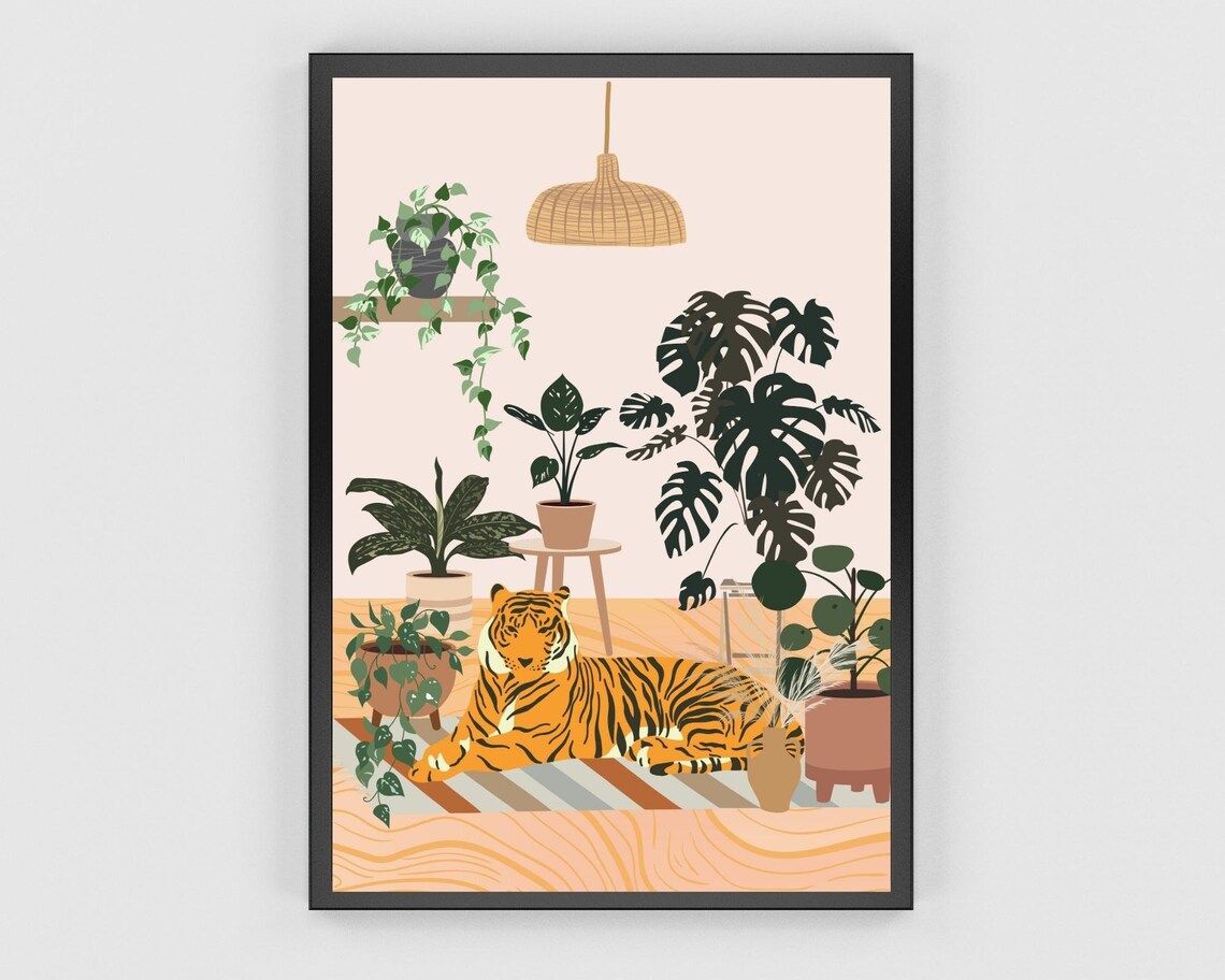 Tiger And Plants Boho Botanical Art Print - Image 3