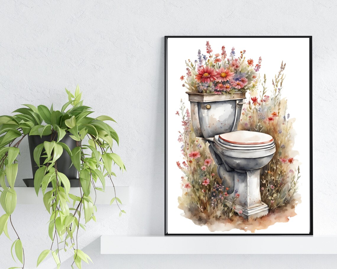 Vintage Toilet Wildflower Bouquet Funny Bathroom Wall Poster - Image 2