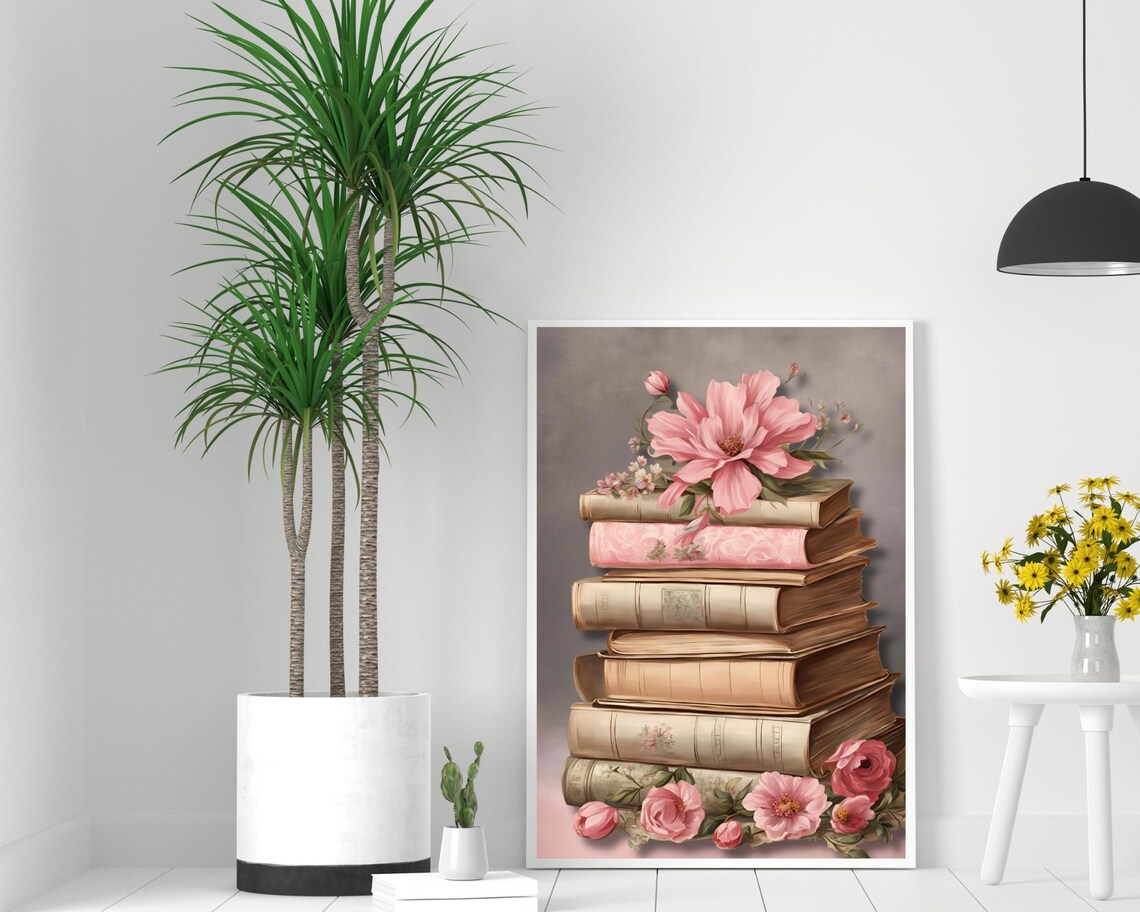 Tall Stack Of Vintage Books Topped With Pink Flowers Art Poster - Image 2