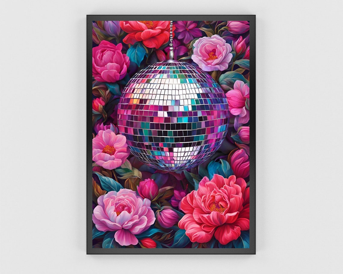 Sparkling Disco Ball Hanging Among Pink Peony Flowers Poster - Image 3