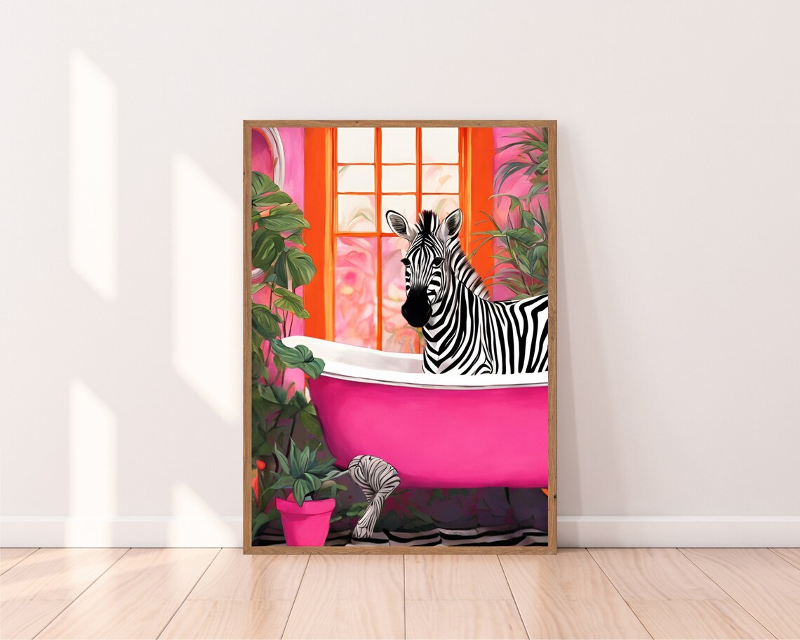 Zebra in Pink Bathtub Vivid Tropical Plants Funny Bathroom Poster - Image 2