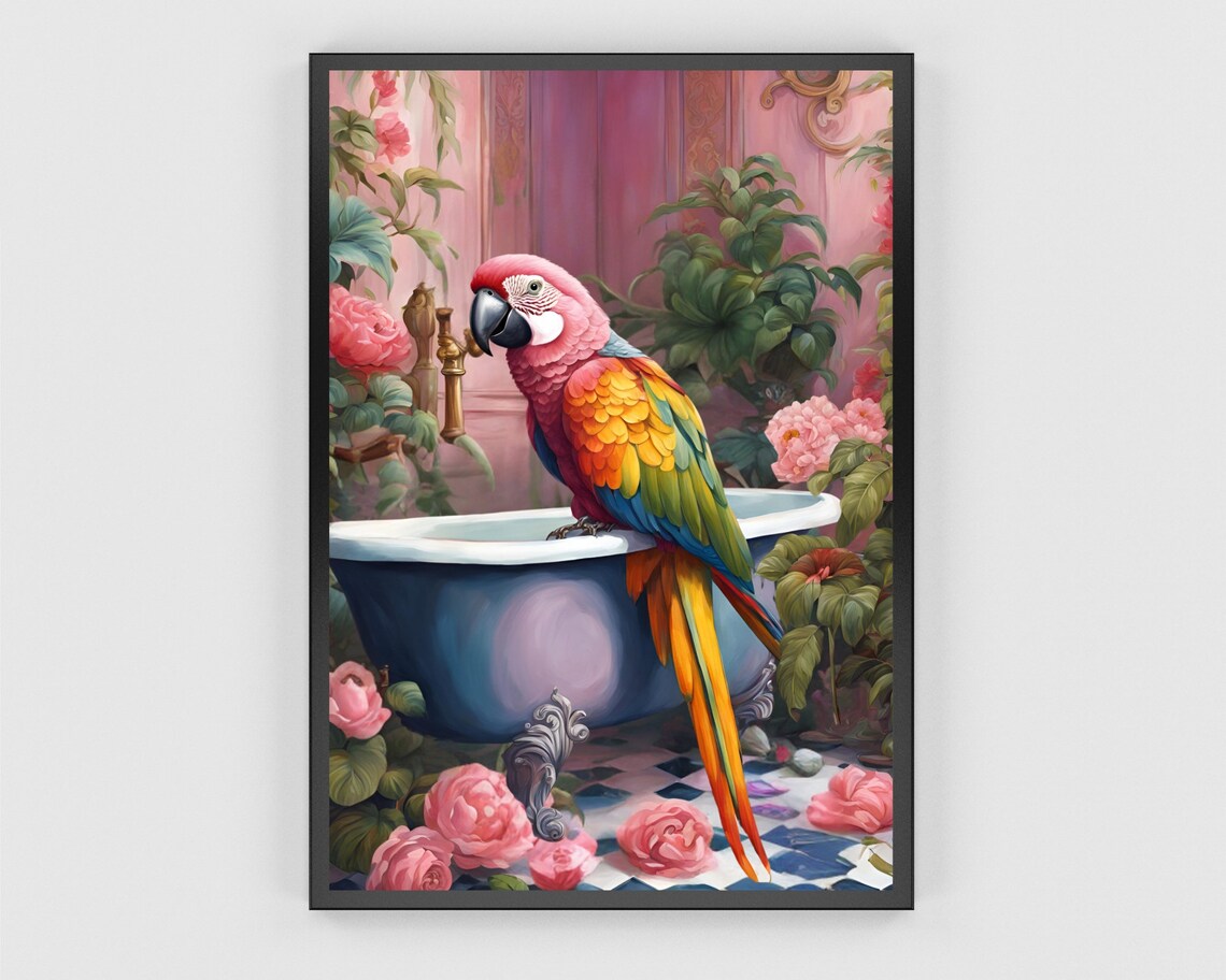 Macaw Parrot Blue Bathtub Pink Tropical Bathroom Bird Poster - Image 3