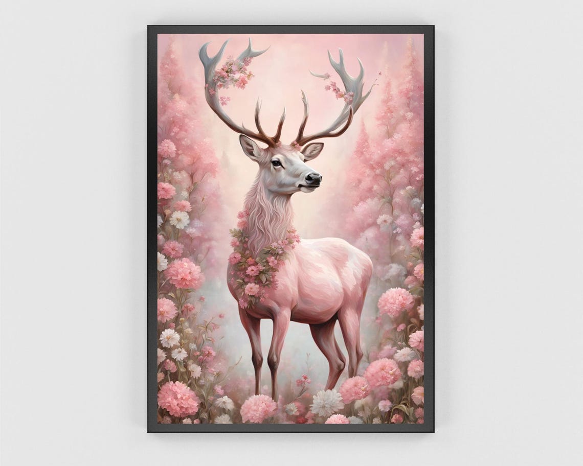 Magical Pink Stag Antlers Blossom Forest Christmas Deer Poster - Image 3