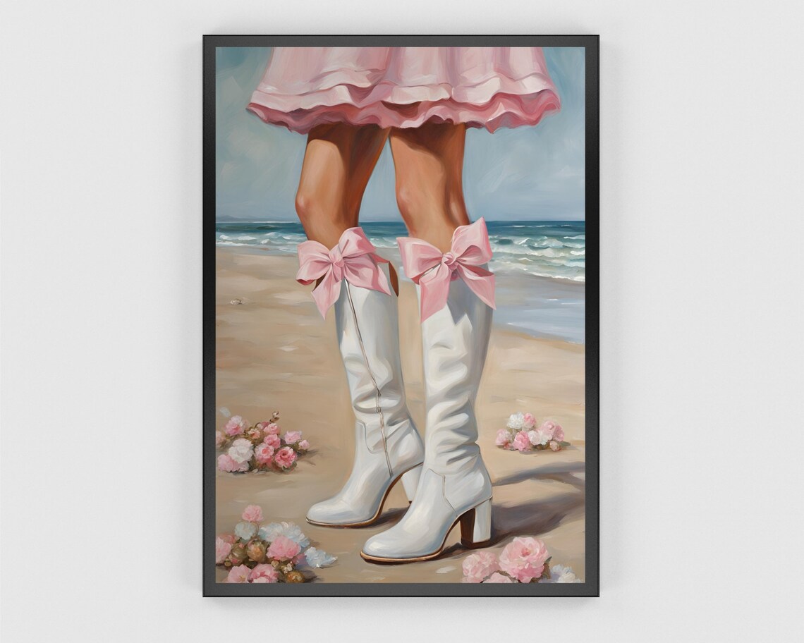 White Boots With Big Pink Bows Sandy Beach Flowers Wall Poster - Image 3