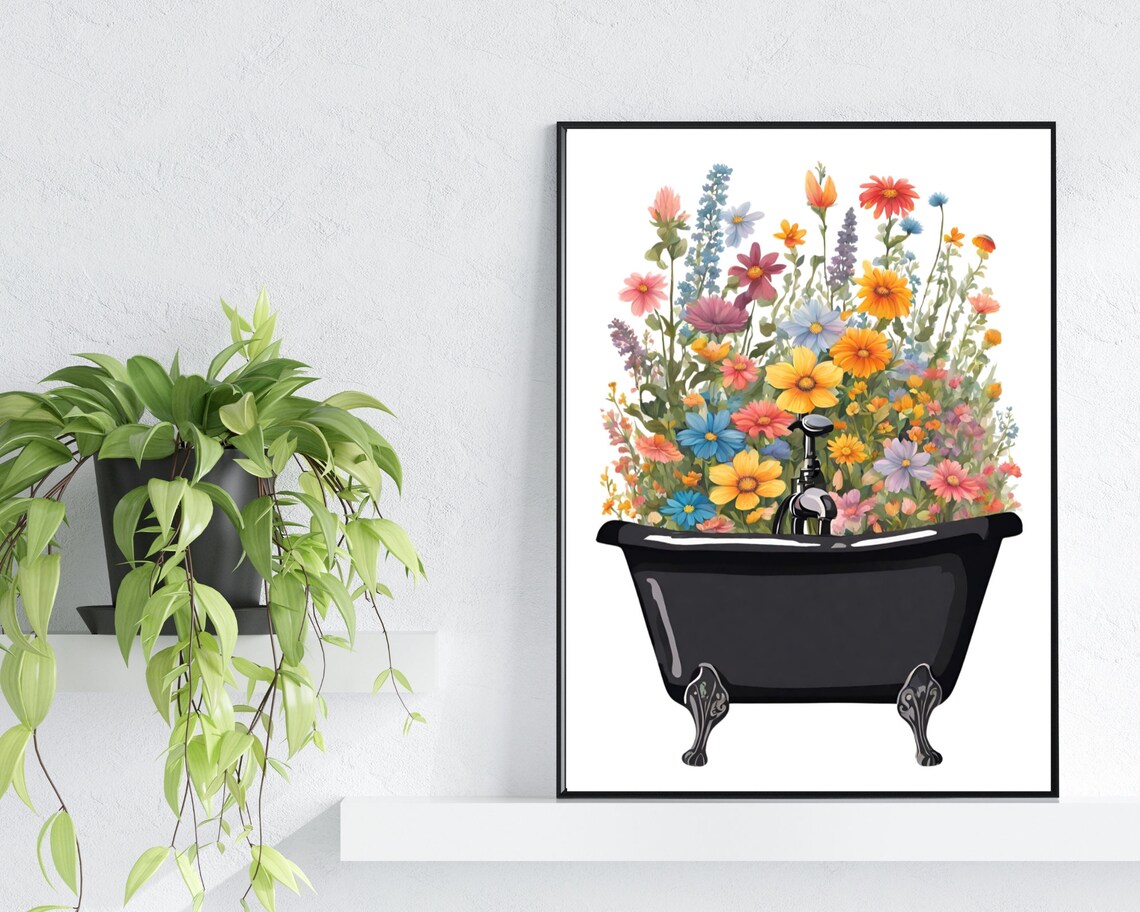 Vibrant Bathtub Full Of Wildflowers Colorful Floral Bath Art Poster - Image 2