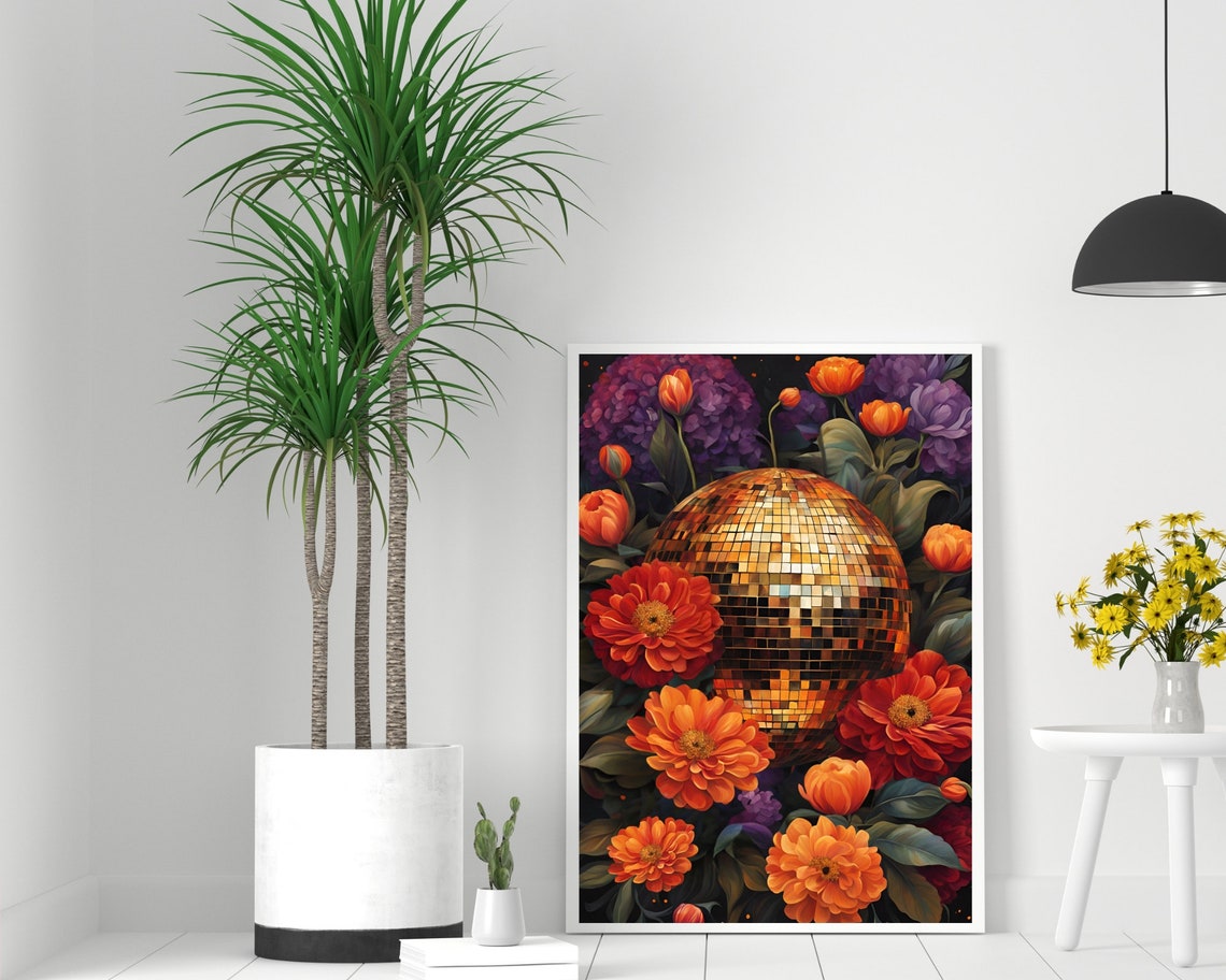 Gold Disco Ball Among Orange Marigolds On Dark Floral Poster - Image 2