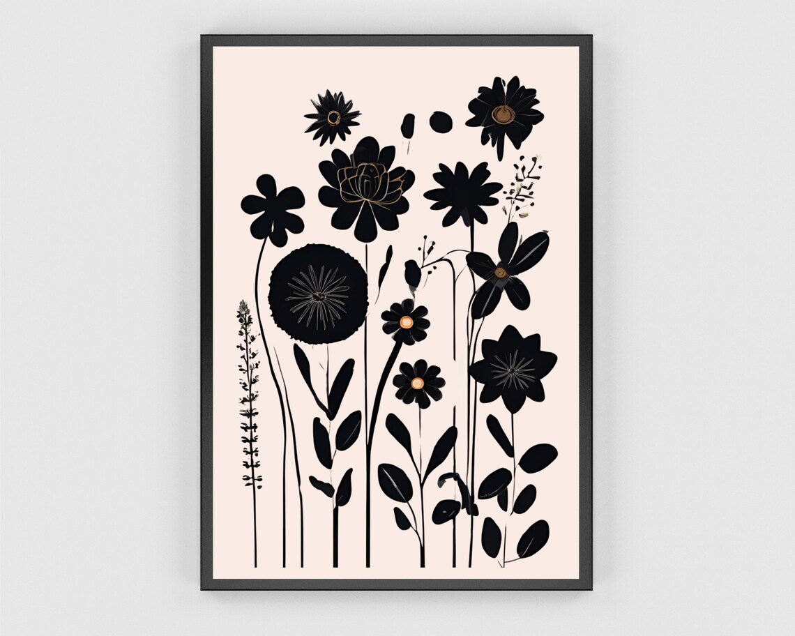Black Silhouette Wildflowers Gold Accent Cream Botanical Poster - Image 3