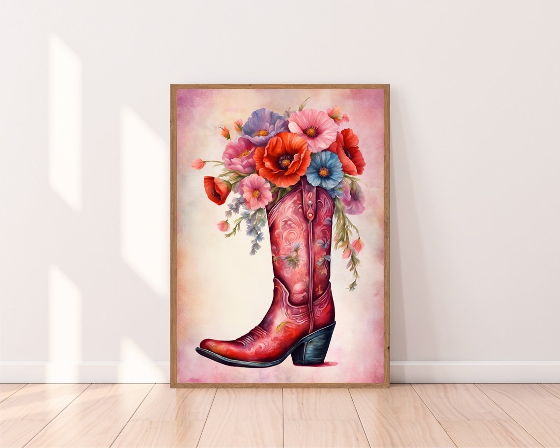 Coastal Cowgirl Floral Boots Print Coastal Cowgirl Posters Cowboy Boots Western Wall Art Pink Cowgirl Boots Preppy Dorm Decor Prints - Image 2