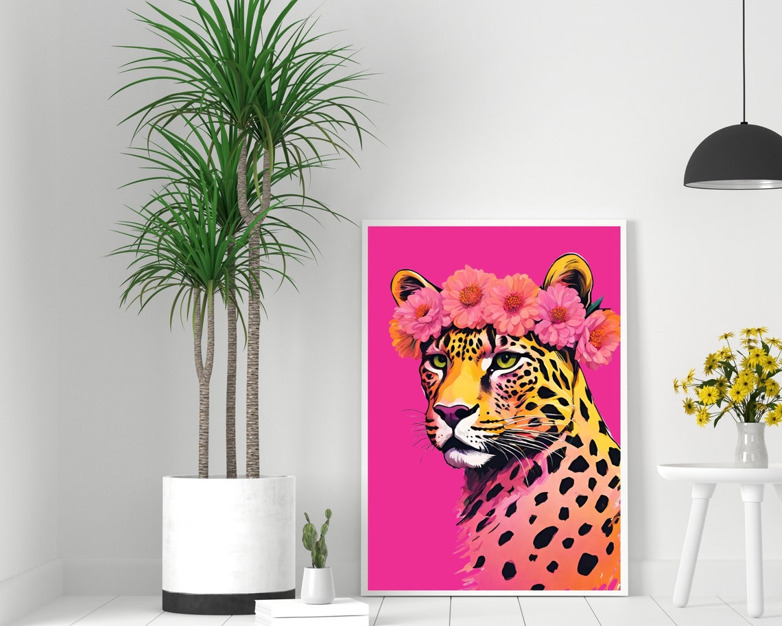 Leopard Flower Crown Pop Art Hot Pink Bold Feline Portrait Print - Image 2