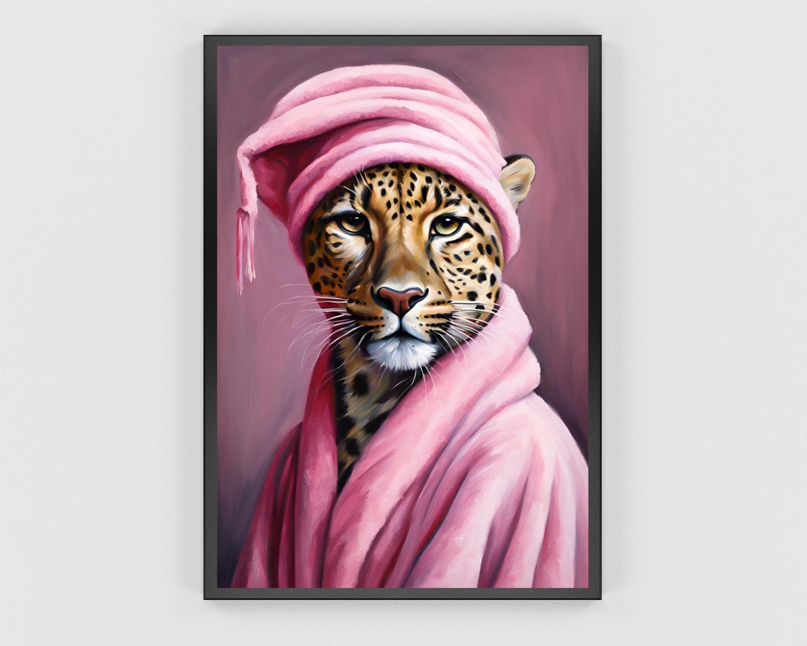Leopard Spa Day Portrait Pink Bathrobe Towel Turban Wall Poster - Image 3