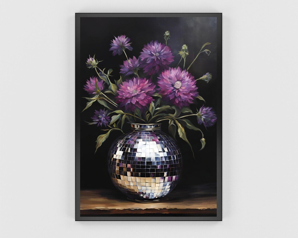 Moody Purple Asters In Disco Ball Vase Dark Floral Wall Poster - Image 3